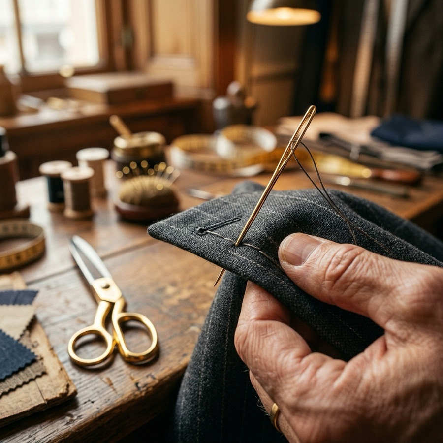 Close-up of hands hand-stitching a charcoal wool suit lapel with gold thread at Sami's Tailoring
