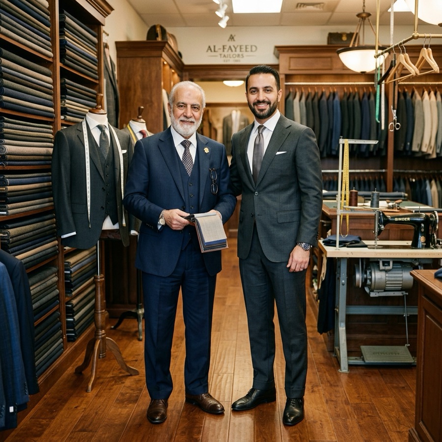 Sami Abujudeh and his son smiling together in their tailoring shop, surrounded by racks of suits and fabric